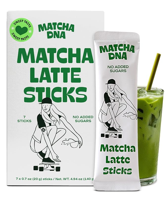 MatchaDNA Matcha Powder Sticks 7 Pack (20g Each) – Sweetened with Milk, No Sugar Added – Organic Matcha Powder Green Tea Latte Mix for Hot or Iced Drinks – Organic Macha Tea, Smooth Energy Boost