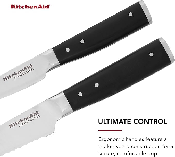 KitchenAid Gourmet 2 Piece Forged Triple Rivet Knife Set, 4.5 inch Fine Edge Utility Knife and 3.5 inch Paring Knife Set, Sharp Kitchen Knives, High Carbon Japanese Stainless Steel, Black