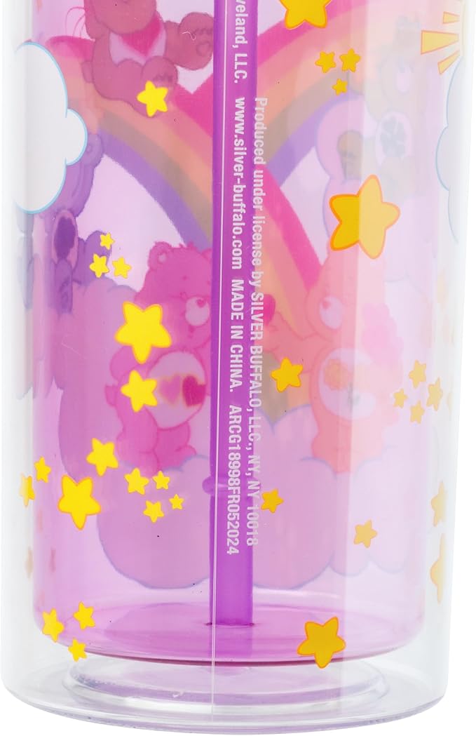 Silver Buffalo Care Bears Plastic Cold Cup with Rhinestone Lid and Straw Featuring Good Luck Bear, Love-a-Lot Bear, Friendship Bear, Tenderheart Bear, and Grumpy Bear, 20 Ounces