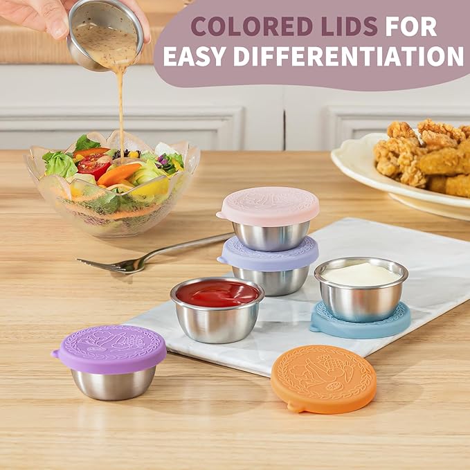 8 Pack - 1.6 Oz Small Salad Dressing Containers To Go, Leakproof Condiment Containers with Lids Reusable Stainless Steel Sauce Cups for Lunch Boxes Kitchen Storage Picnics Travel Meal Prep