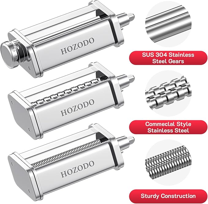 Pasta Attachment for KitchenAid Mixer, Includes Pasta Sheet Roller, Spaghetti Fettuccine Cutter, 3Pcs for Pasta Attachment by HOZODO