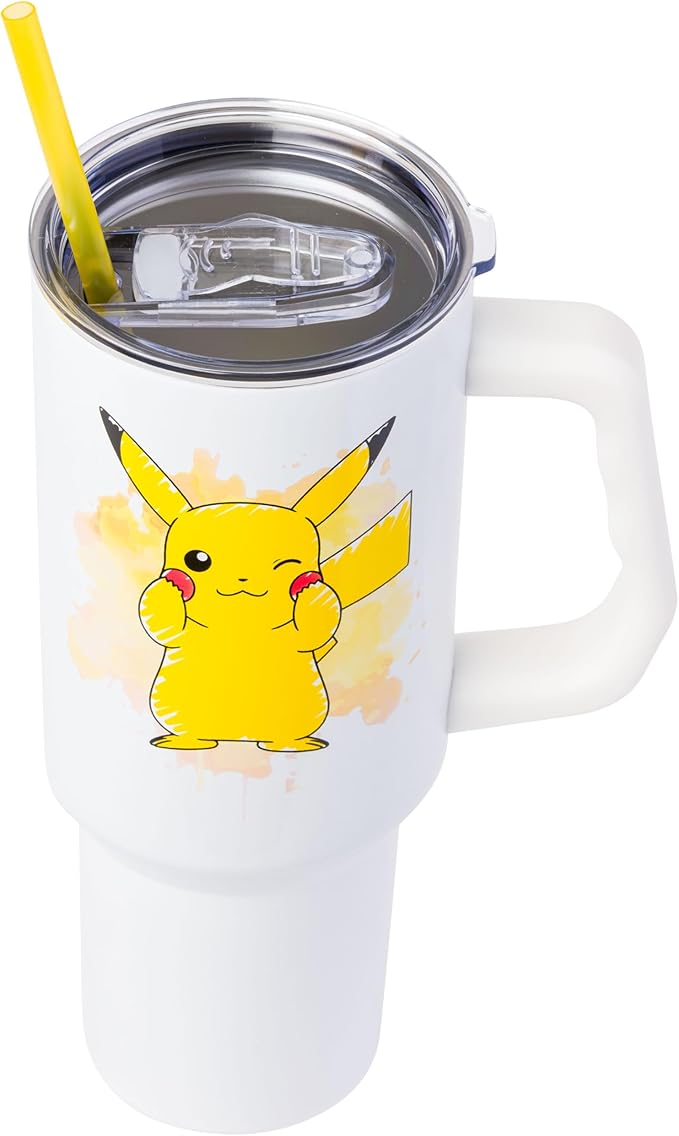 Silver Buffalo Pokémon Stainless Steel Tumbler with Handle Featuring Pikachu, Fits in Standard Cup Holder, 40 Ounces