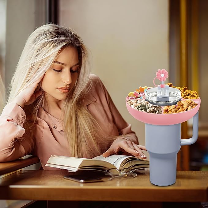 Snack Bowl for Stanley Cup 40 oz with Handle-Perfectly Compatible with Stanley Quencher H2.0 Tumbler 40 oz with Handle, Reusable Silicone Snack Tray, Stanley cup accessories (Pink Snack Bowl)