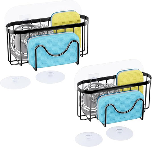 HapiRm Multifunctional Sponge Holder with Unique M-Shaped, Two Installation Methods Kitchen Sink Organizer, Rustproof Stainless Steel Sink Caddy -Black（2-Pack）