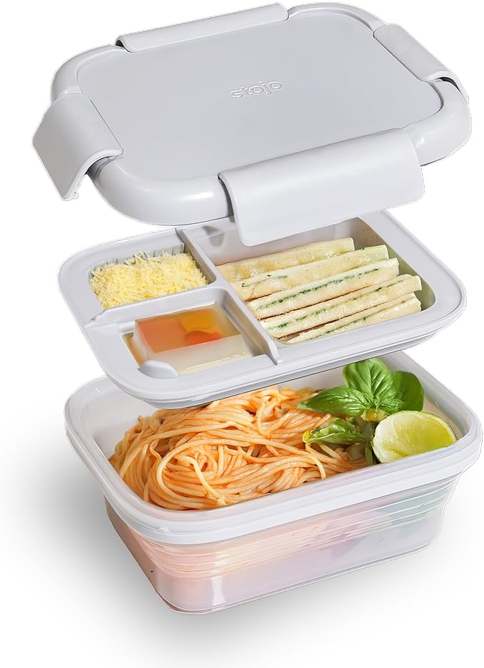 STOJO Collapsible Bento Box, Reusable, Leak-Proof, Microwave & Dishwasher Safe, Premium Lunch Container with Divider – Space-Saving, Transparent Design (Cashmere, 2.75-Cup/650mL)