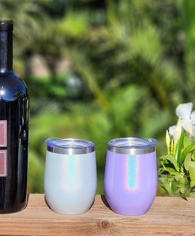 CHILLOUT LIFE 12 oz Stainless Steel Wine Tumbler with Lid - Double Wall Vacuum Insulated Wine Cup Glass Keeping Cold & Hot for Coffee, Champagne, Cocktails, Ice Cream - Holographic Glitter