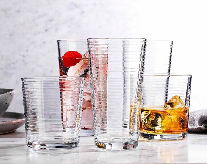 Glaver's Drinking Glasses Set of 12. Everyday Drinking Glasses. Mixed Drinkware Sets 6-17 oz Tall Kitchen Glass Cups, and 6-13 Oz Rocks Glasses. Ribbed Glassware Sets for Cocktail Beer Juice Water.