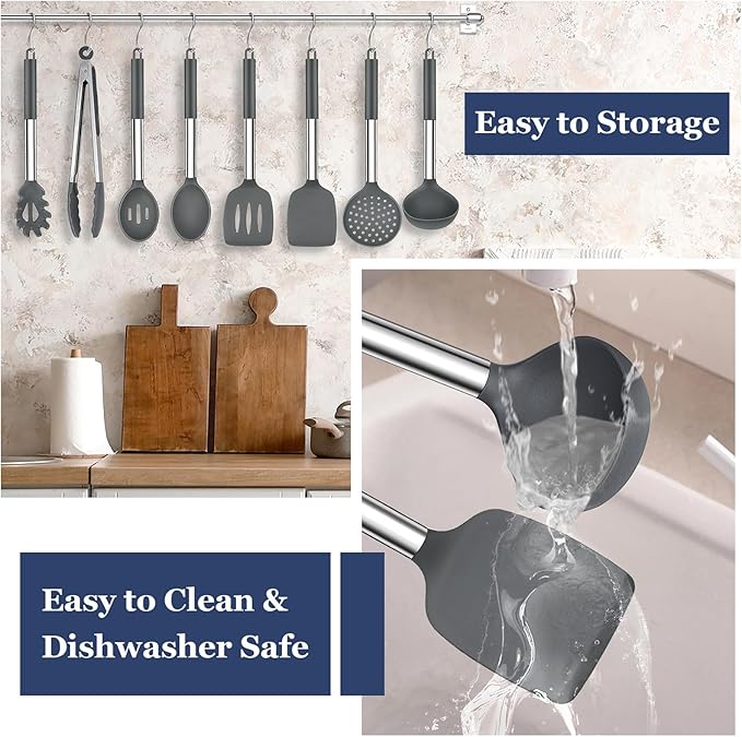 TeamFar Kitchen Utensils, 8PCS Silicone Utensils Kitchen Tools Set with Stainless Steel Handle, for Nonstick Cookware Frying Flipping Draining, Healthy & Anti-heat, Nonstick & Dishwasher Safe - Gray