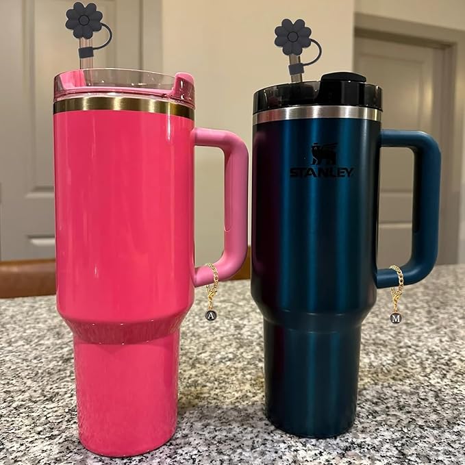 Stanley Cup Accessories, 1pc Flower Stanley Straw Cover Silicone Straw Topper for Stanley 30&40 oz Tumbler with Handle and 1pc Initial Letter Charm for Stanley Cup (Letter C)