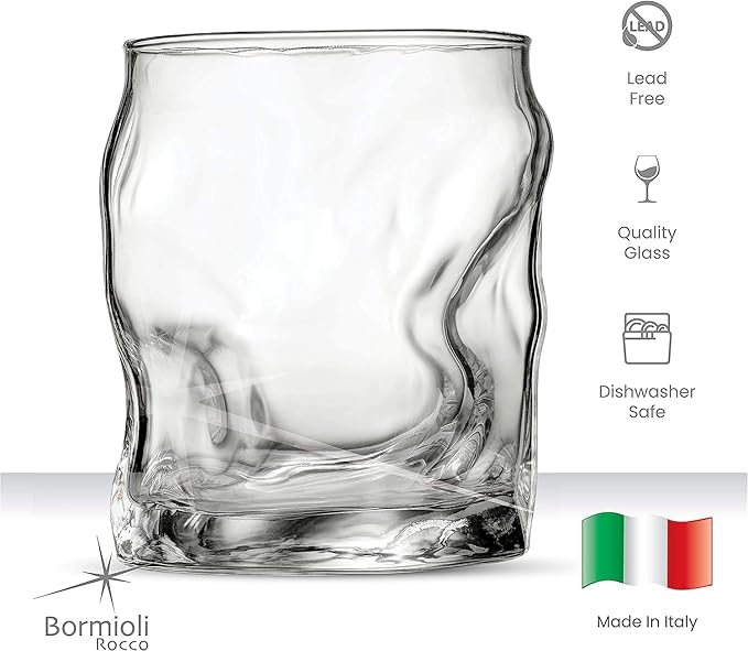 Bormioli Rocco 10.25 Oz Sorgente Rocks Whiskey Glass (Set of 4) - Boulder-Style Barware for Bourbon, Scotch, Water, Juice - Dishwasher Safe & Lead-Free Cocktail Glasses - Made in Italy