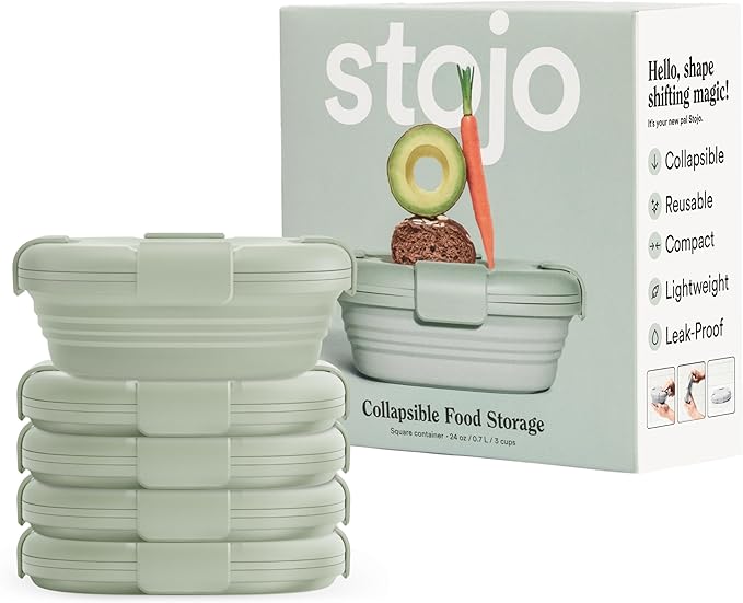 STOJO Collapsible Sandwich Box – 24oz, Reusable Food Storage Container, Silicone Bowl for Hot/Cold Food – Meal Prep, Lunch, Camping, Hiking – Dishwasher Safe (Set of 5, Sage)