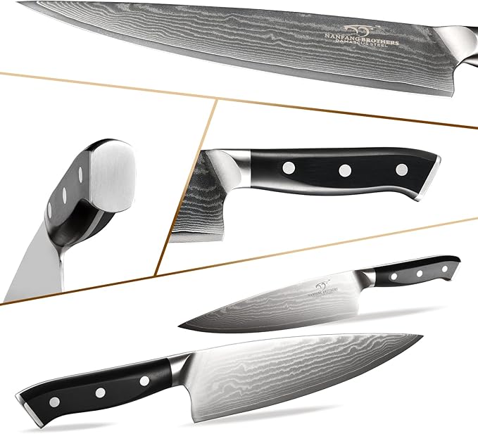 NANFANG BROTHERS Damascus Kitchen Knife Set, 18-Piece with Block, Ergonomic Handles, Carving Fork, Sharpener, Shears