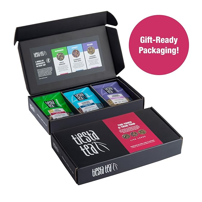 Tiesta Tea - Tiesta's Top Loose Leaf Tea Gift Box, Loose Leaf, Medium Caffeinated Variety Pack, Make Hot & Iced Brews, 3 Pouches of Assorted Blends with Green, Herbal, Fruity & Lavender Bags