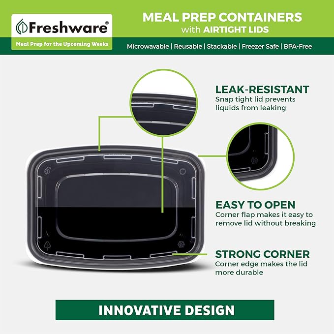 Freshware Meal Prep Containers 1 Compartment Food Storage Containers with Lids, Bento Box, BPA Free, Stackable, Microwave/Dishwasher/Freezer Safe (28 oz), 50 Count (Pack of 6)