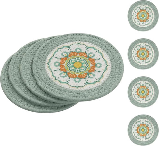 SHACOS Sage Green 8 Inches Trivets for Hot Dishes, 4 Pieces Cotton and Felt Floral Pattern Trivet Mats for Kitchen, Hot Pads for Countertops, Table, Heat-Resistant Pot Holders for Hot Pots and Pans