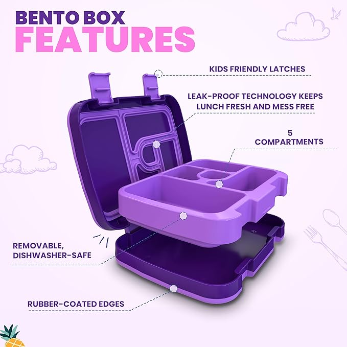YOLAY Bento Box for Kids Lunch Box Leak-Proof, 5-Compartment Lunch Box Kids for Ages 3-10, Durable with Anti-Slip Base, Suitable for Schools, Outdoor and Travel (Mermaid)