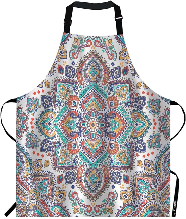 EKOBLA Bohemian Aprons Floral Paisley Medallion Pattern Retro Ethnic Mandala Ornament Waterproof Resistant Chef Cooking Kitchen BBQ Adjustable Aprons for Women Men 27x31 Inch