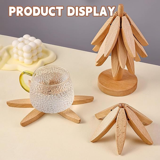 Wooden Trivets for Hot Dishes, Tree Shape Trivet Set, 4 Walnut Wood + 1 Stand stored Like a Christmas Tree,Foldable Kitchen Wooden Trivet,for Hot Dishes、Pot、Bowl、Teapot、Hot Pot Holder(Walnut Wood)