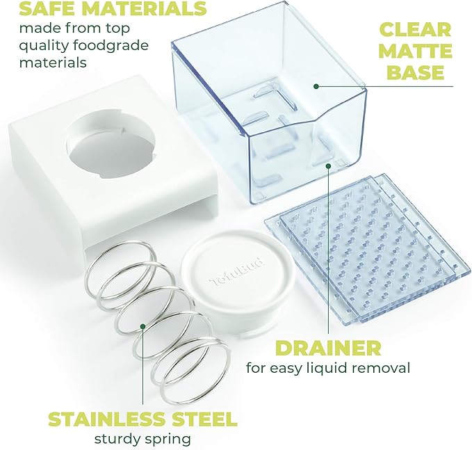 TofuBud Tofu Press - Presser for Firm or Extra Firm Tofu - Dishwasher Safe with Water Drainer - Made from Durable Sustainable Materials - Perfect for Vegan Cooking - Healthy Recipes Cookbook Included