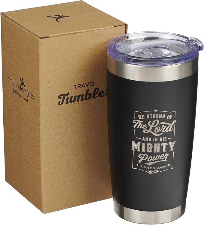 Christian Art Gifts Stainless Steel Double-Wall Vacuum Insulated Travel Mug 18 oz Matte Black Tumbler with Lid for Men Inspirational Bible Verse - Strong in the Lord - Eph. 6:10