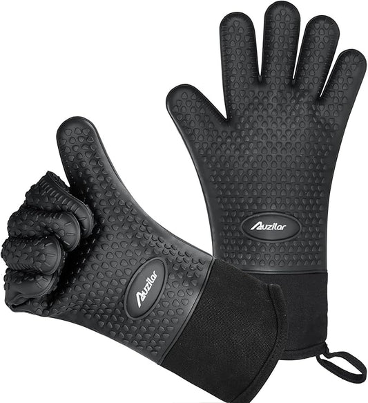 Silicone Cooking Gloves, Grilling Gloves, Heat Resistant Gloves BBQ Kitchen Silicone Oven Mitts, Long Waterproof Non-Slip Potholder for Barbecue, Cooking, Baking