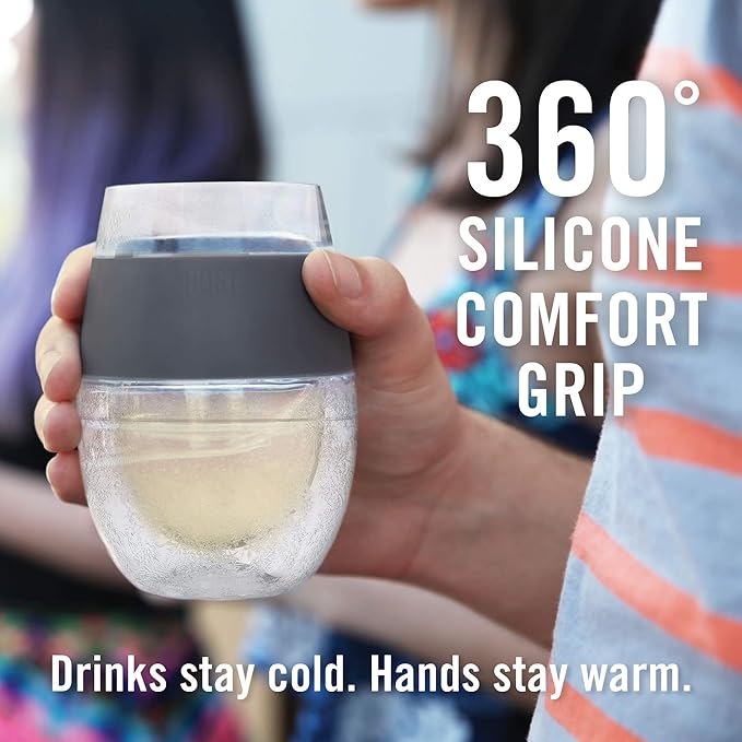 Host Cooling Wine Freeze Cup with Lid, Set of 2 Plastic Double Wall Insulated Tumbler Drink Cup with Freezing Gel for Red and White Wine, Blue