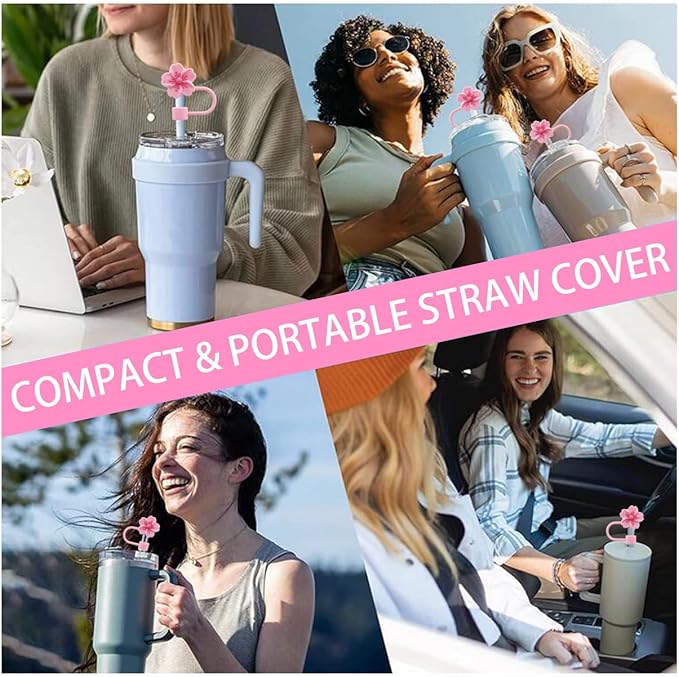 3pcs Cherry Blossom Silicone Straw Cover Cap for Stanley Cup,Straw Topper 10 mm 0.4 in Reusable Straw Tips Lids,Flower Straw Tip Covers Gift for Party Decor