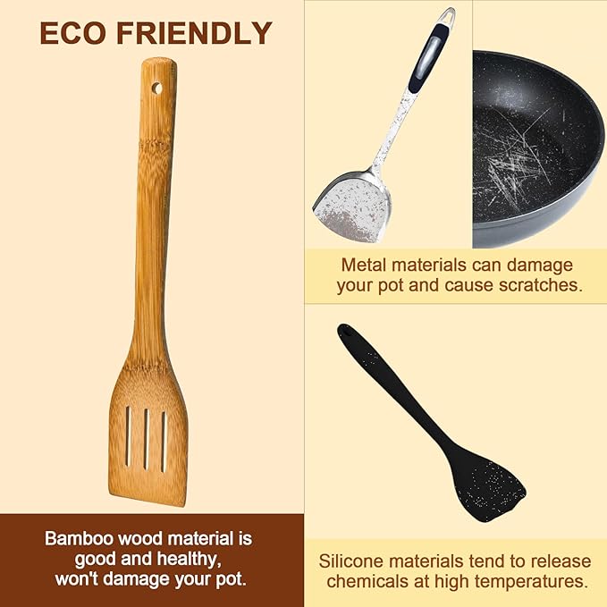 Wooden Spoons for Cooking 7-Piece, Kitchen Nonstick Bamboo Cooking Utensils Set, Carbonized Bamboo Durability Spatula Spoon for Everyday Use