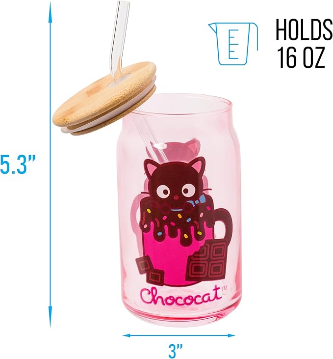 Silver Buffalo Sanrio Hello Kitty & Friends Chococat Chocolate Pink Glass Jar Tumbler with Bamboo Lid and Glass Straw, 16 Ounces (Pack of 12)