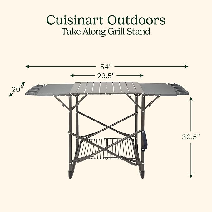 Cuisinart Take Along Grill Stand, Lightweight Portable Folding Table with Side Tables, Cup Holders, Tool Hooks and Storage Shelf, Collapsible Table, No Assembly Required for BBQs and Camping