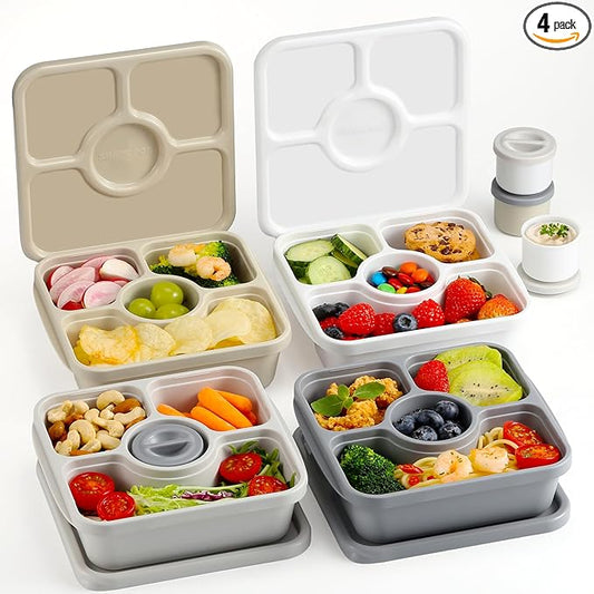 QQKO Bento Snack Box Containers for Adults Kids, Meal Prep Containers Reusuable Bento Lunch Box, Lunchable Food Storage Containers with Lids and Sauce Cups, White Brown