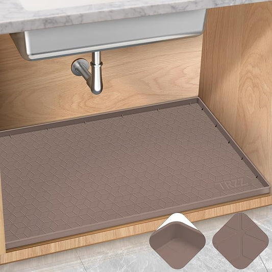 TRZZ Silicone Waterproof Under Sink Mat 34" x 22", Drip Tray and Cabinet Liner for Kitchen and Bathroom, Prevents Water Damage and Organizes Cabinets (Brown)