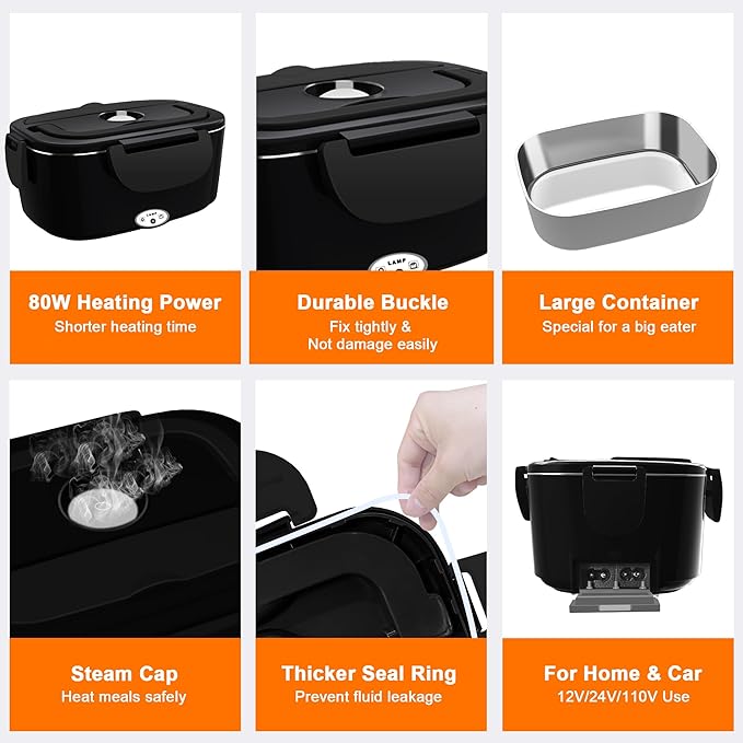 Electric Heated Lunch Boxes Adults: 80W Electric Lunch Box Food Heated 12/24/110V 1.5L Heatable Lunch Box for Car/Truck/Office Leak-Proof Stainless Steel Container,Fork & Spoon,Bag (Black)