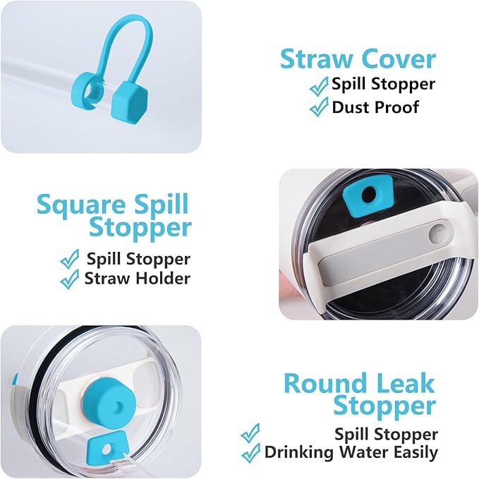 Silicone Spill Stopper Set Compatible with Stanley Cup 2.0 30oz & 40oz with Straw Cover (Set of 2, Pool Blue)