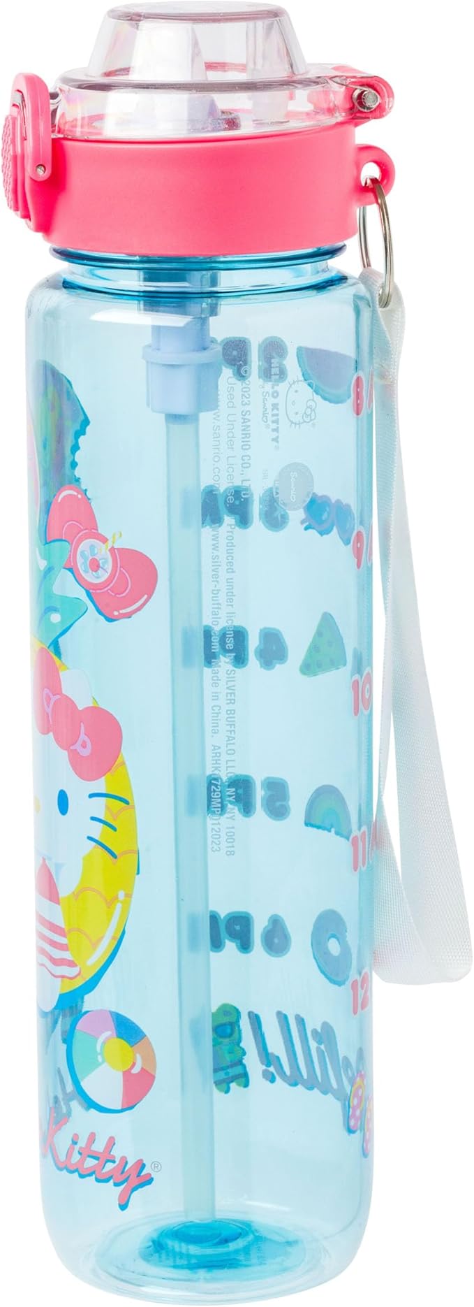 Silver Buffalo Sanrio Hello Kitty Pool Party Plastic Blue Water Bottle with Locking Lid, Strap, and Hydration Tracker, 33 Ounces