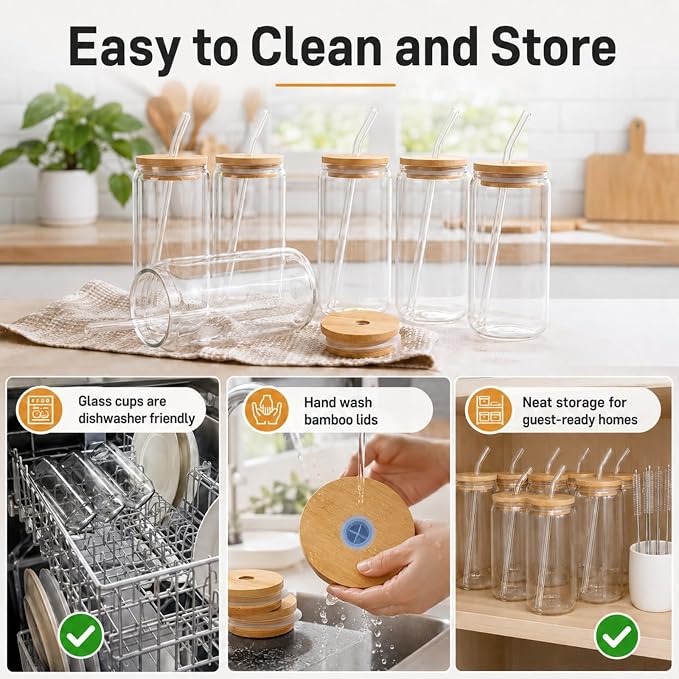 Glass Cups with Lids and Straws Set of 16, 16 oz Can Glasses with Bamboo Lids - Image 7