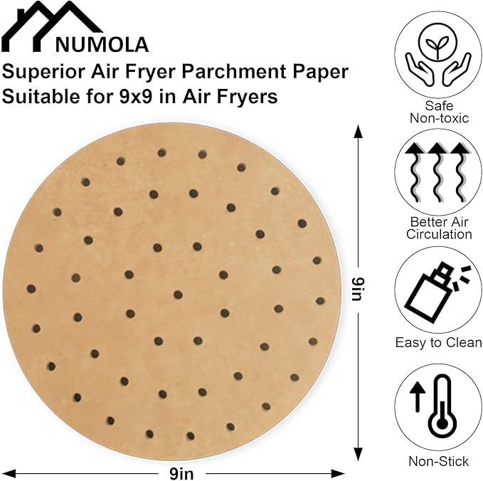 Numola Air Fryer Parchment Paper Liners, 100 Pcs Disposable Papers Liner for Baking, 9 Inch Safe and Non-stick Unbleache Steamer Liner for Microwave, Oven, Steaming Basket