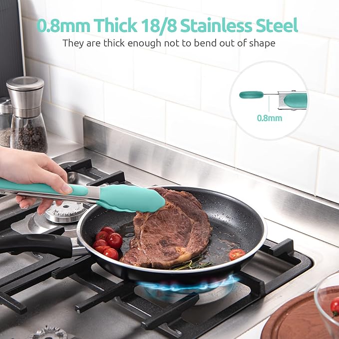 600ºF Heat Resistant Kitchen Tongs: U-Taste 9 inch Silicone Cooking Tong with Firm Sealed Non Stick Rubber Tips & Silicon Coated 18/8 Stainless Steel Handle & Smooth Locking for Serving Salad-Aqua Sky