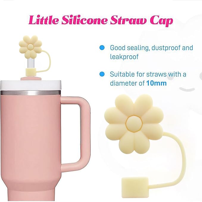 Flower Straw Cover Cap for Stanley Cup Silicone Straw Topper Compatible with 30&40 Oz Tumbler with Handle,Straw Tip Covers 10mm 0.4in for Straw Tip Covers (4pcs Beige flower)