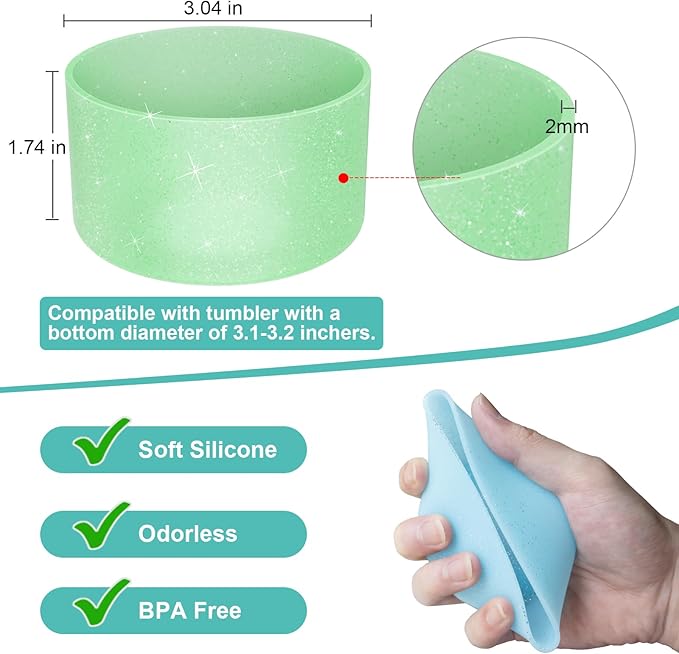 Upgrade 2PCS Protective Silicone Boot Bumper for Stanley Quencher Adventure 40oz 30oz IceFlow 20oz 30oz Tumbler, Water Bottle Bottom Sleeve Cover Accessories for Stanley Mug Cup(Glitter Green)