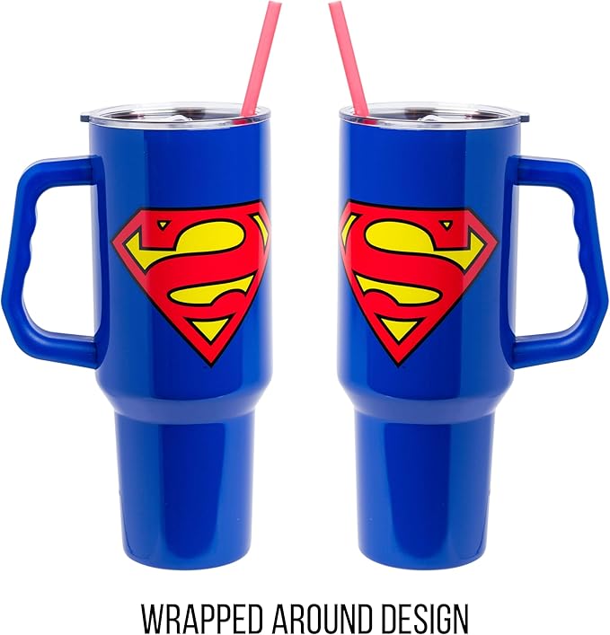 Silver Buffalo DC Comics Superman Logo Stainless Steel Tumbler with Handle and Straw, Fits in Standard Cup Holder, 40 Ounces