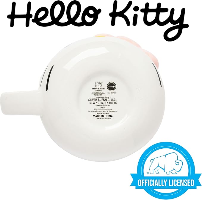 Silver Buffalo Sanrio Hello Kitty Light Pink Bow Ceramic 3D Sculpted Mug, 20 Ounces