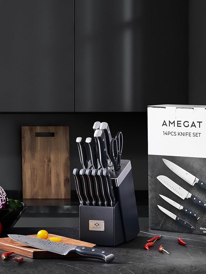 Knife Set, AMEGAT Knife Block Set with Advanced Self-Sharpening Technology, 14-Piece Waved Texture Kitchen Knives, Stainless Steel Knife Set with Block, Razor-Sharp and Full Tang Handle