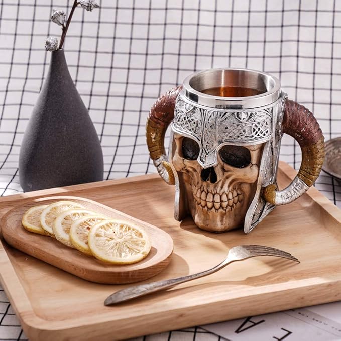 Stainless Steel Double Handle Horn Skull Beer Cup, Viking Warrior Skull Mug Tankard, Medieval Drinkware Mug for Coffee/Beverage/Juice 17oz.