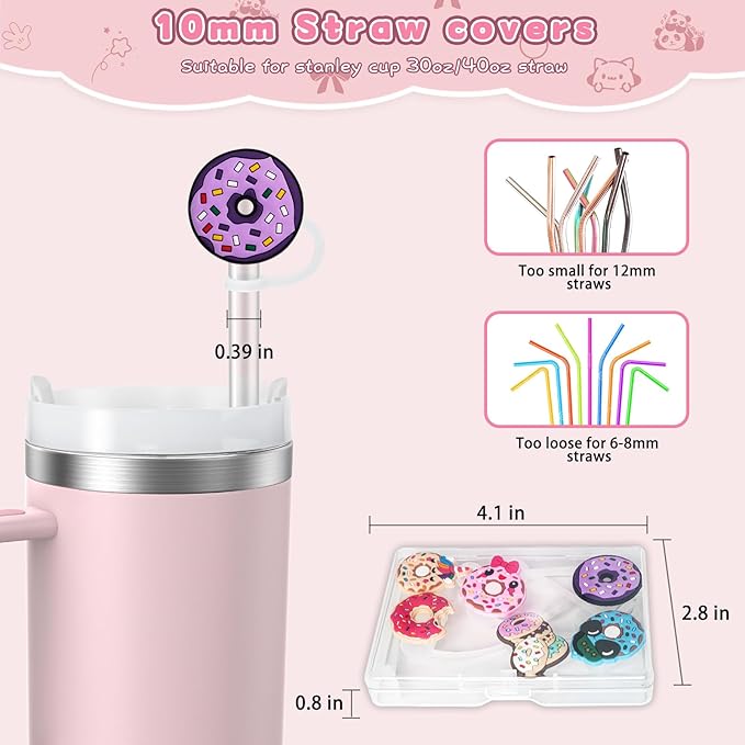 6PCS Straw Covers for Stanley Cup Tumbler 30 oz / 40 oz Leak Proof Straw Toppers 10mm Silicone Cute Caps for Stanley Cup Accessories-Donut