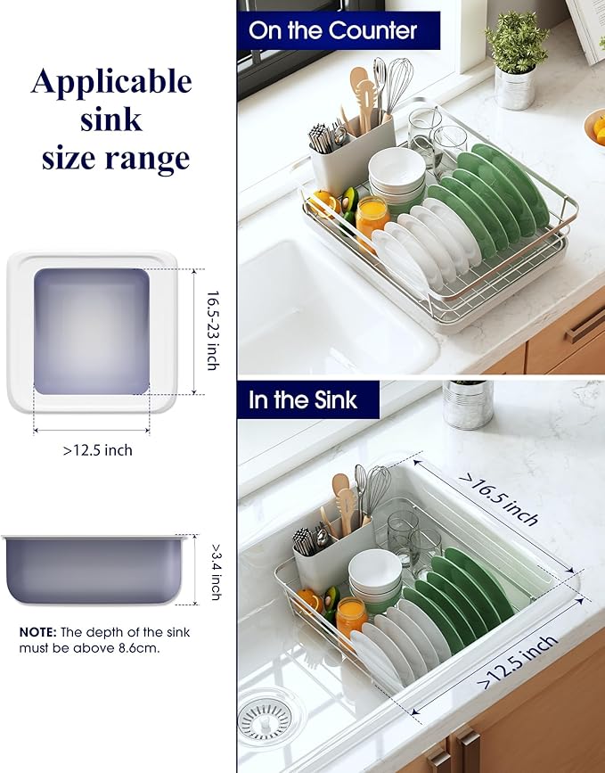 Kitsure Dish Drying Rack for Kitchen Counter, Stainless Steel Sink Organization and Storage Essentials with Cutlery Holder, Home and Appartment Decor, 12''W x 15.5''L, Silver Grey