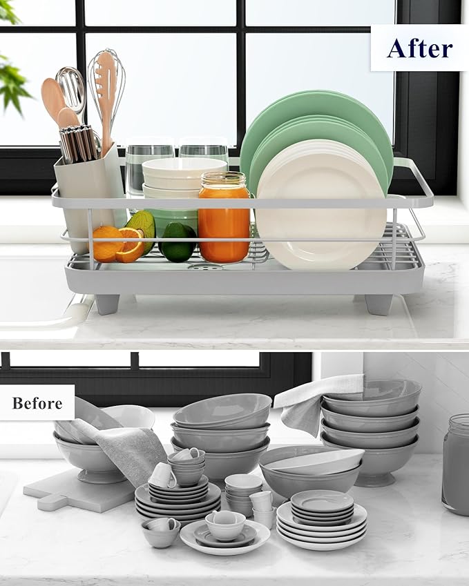 Kitsure Dish Drying Rack for Kitchen Counter, Stainless Steel Sink Organization and Storage Essentials with Cutlery Holder, Home and Appartment Decor, 12''W x 15.5''L, Silver Grey