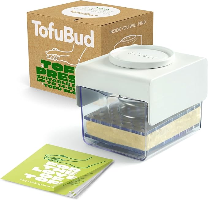 TofuBud Tofu Press - Presser for Firm or Extra Firm Tofu - Dishwasher Safe with Water Drainer - Made from Durable Sustainable Materials - Perfect for Vegan Cooking - Healthy Recipes Cookbook Included