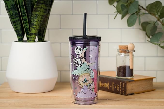 Silver Buffalo Disney Nightmare Before Christmas “Forever and Always” Spill Resistant Plastic Tumbler Featuring Jack Skellington and Sally, 20 Ounces