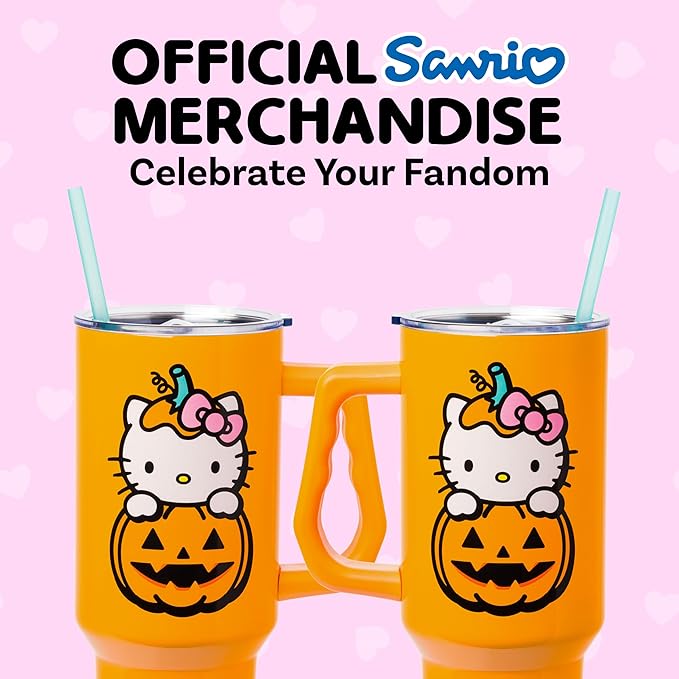 Silver Buffalo Sanrio Hello Kitty Halloween Jack-O-Lantern Stainless Steel Tumbler with Handle and Straw, Fits in Standard Cup Holder, 40 Ounces